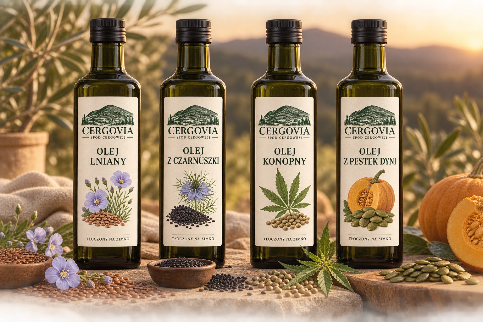 Visualisation of four CERGOVIA oils: flaxseed, black seed, hemp seed and pumpkin seed