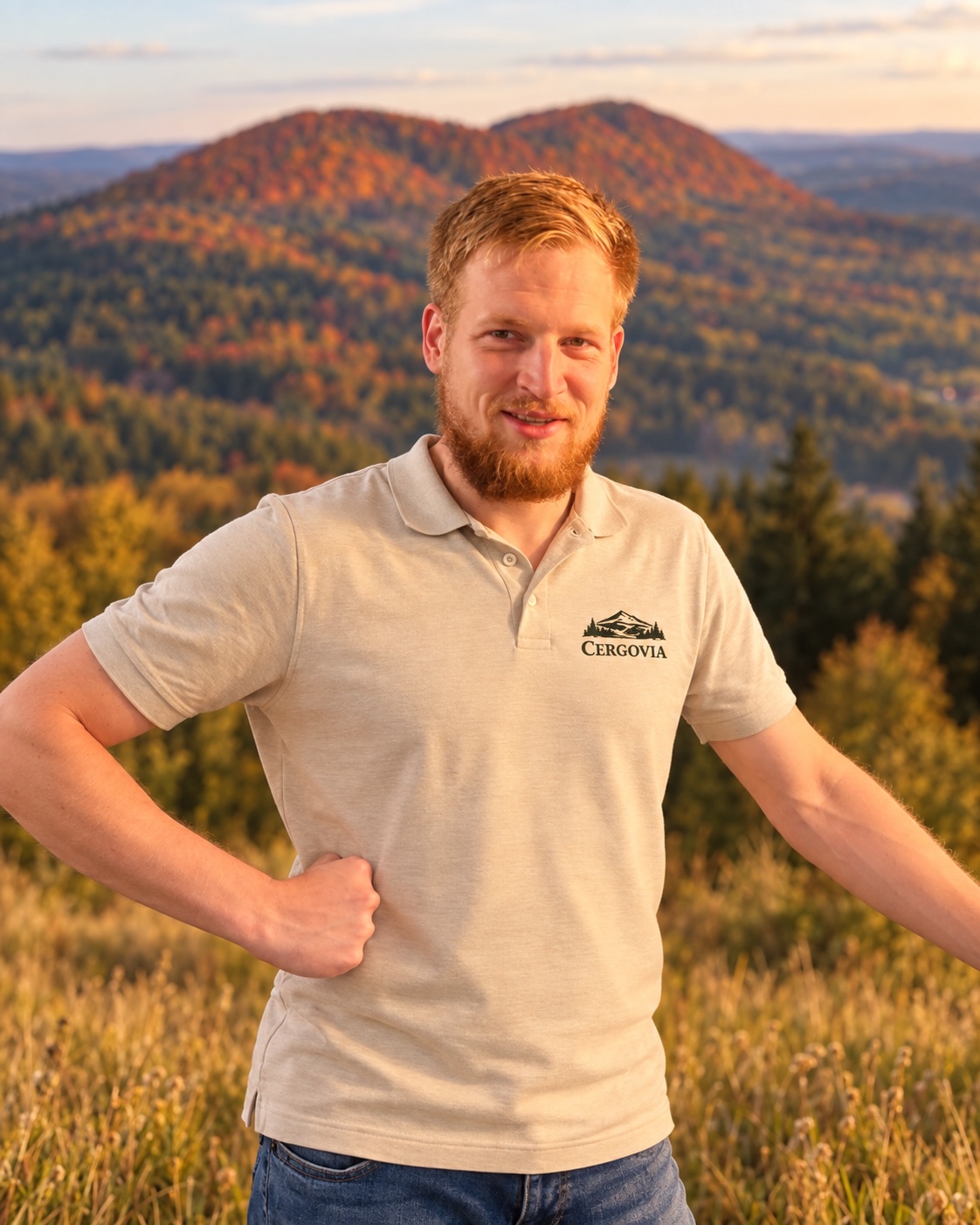 Mateusz with Cergowa behind him — portrait with a digitally edited background
